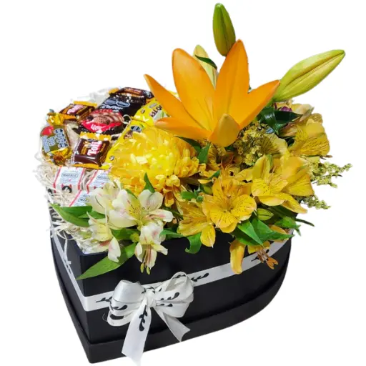 corazon de flores de estacion y chocolates 